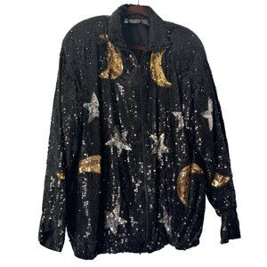 Vintage Modi Black 100% Silk Sequin Full Zip Up Jacket Moon & Star, Size 6-8